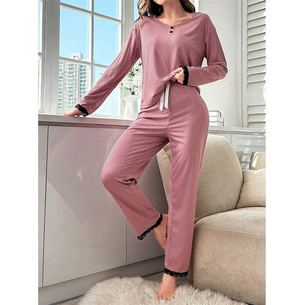 ZARA Women Season Long Sleeve Long Pants Princess Lace Trim Solid Sleepwear